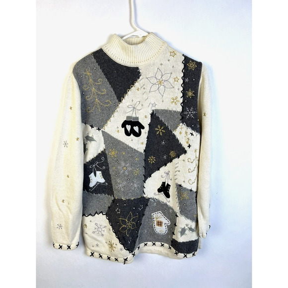 Design Originals Studio Winter Sweater Women's Medium Cream Gray Embroidery - Picture 1 of 10